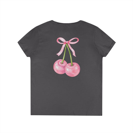 Cherry Bow V-Neck Tee - Graphic Ladies' T-Shirt