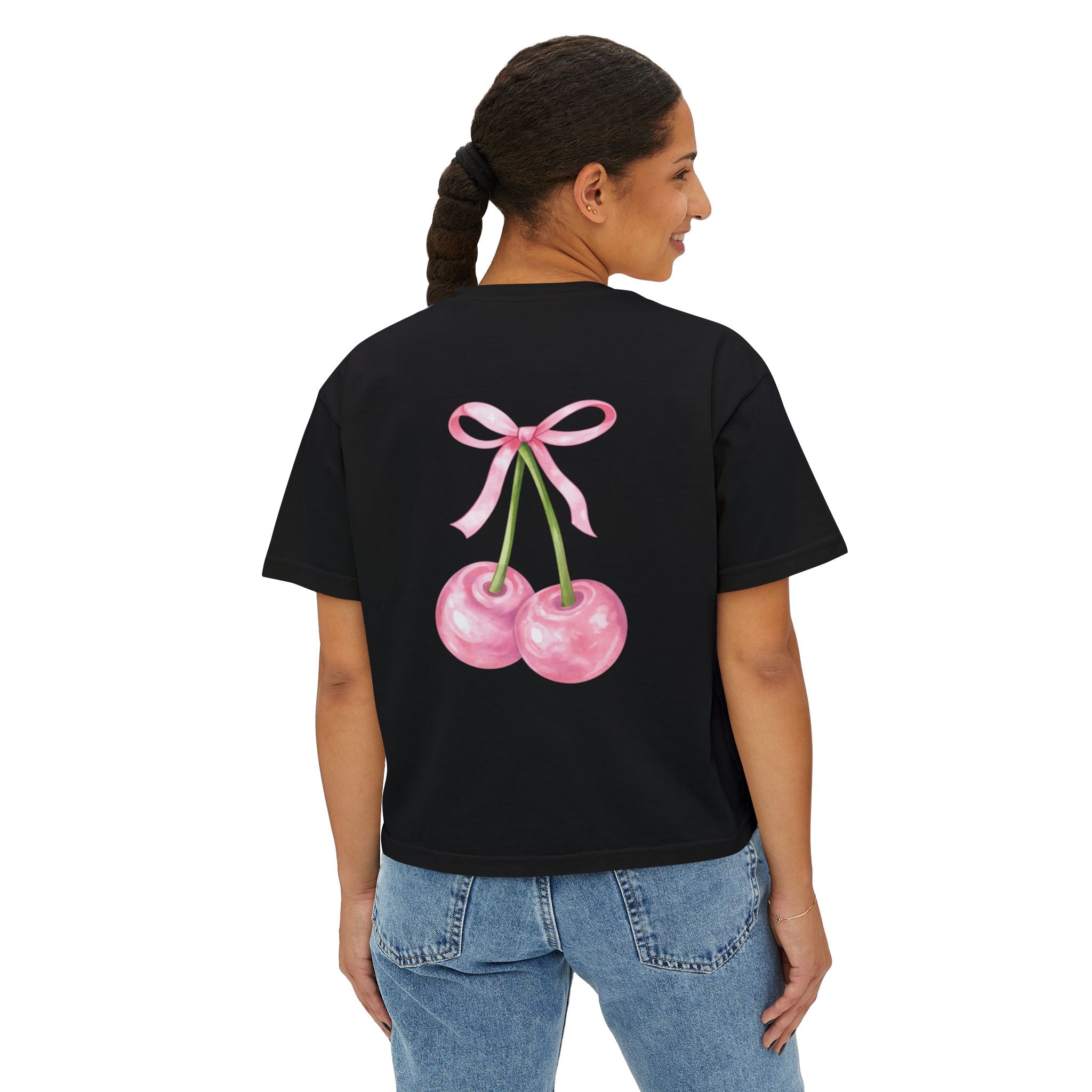 Women's Cherry Bow Boxy Tee – Crop T-Shirt