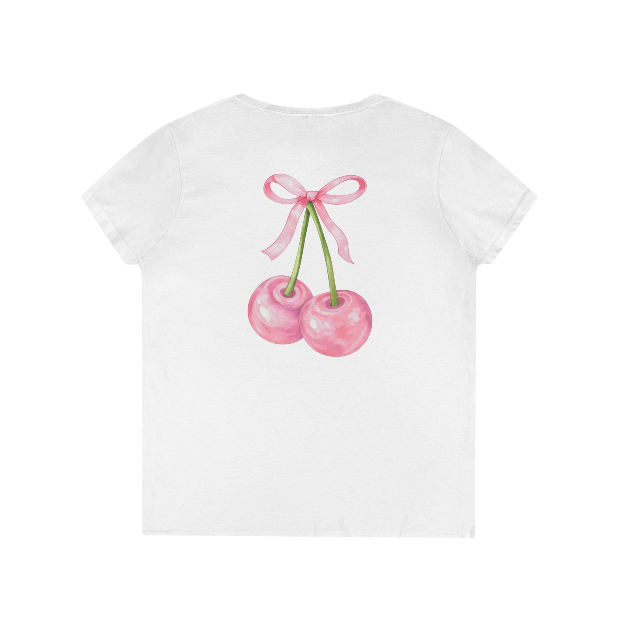 Cherry Bow V-Neck Tee - Graphic Ladies' T-Shirt