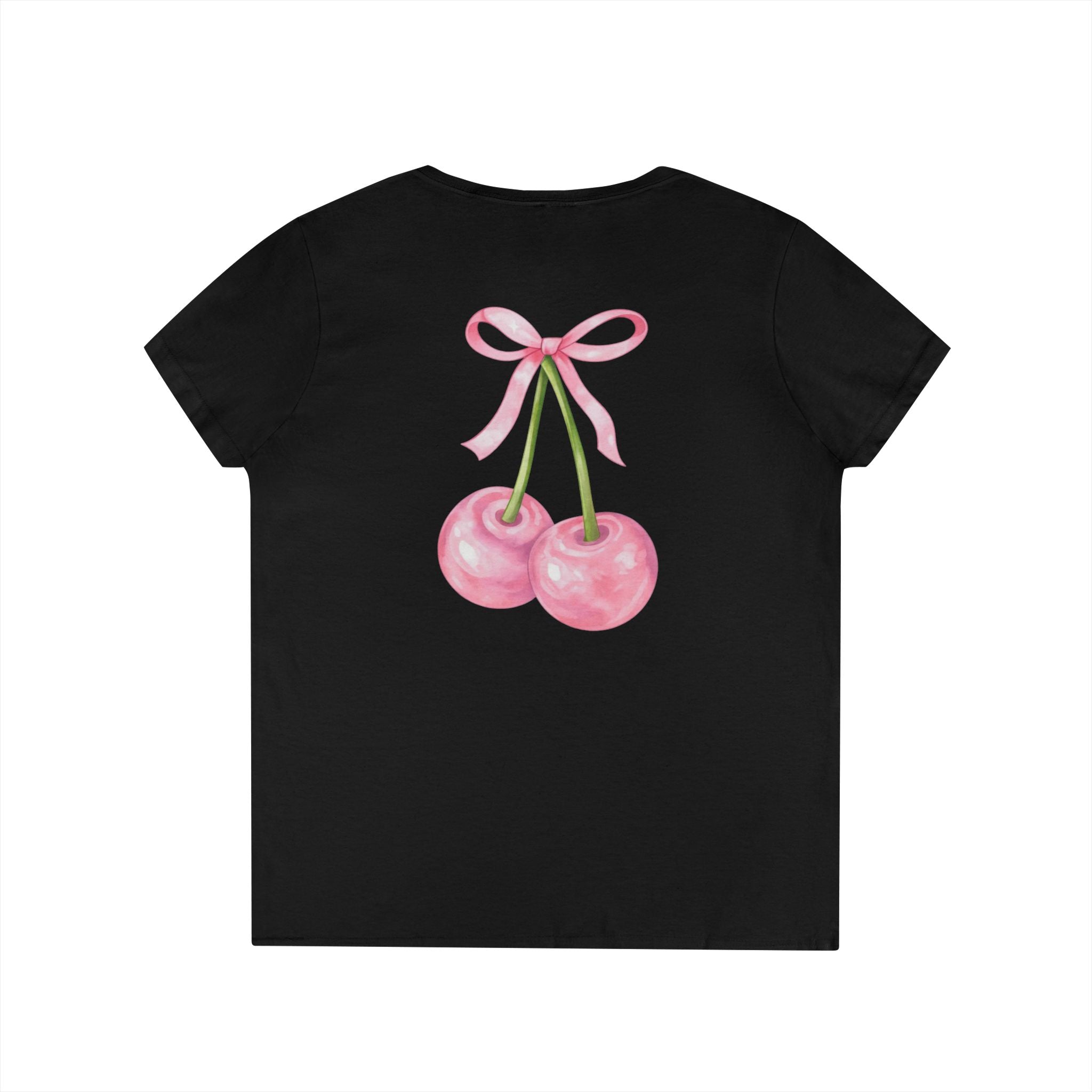 Cherry Bow V-Neck Tee - Graphic Ladies' T-Shirt