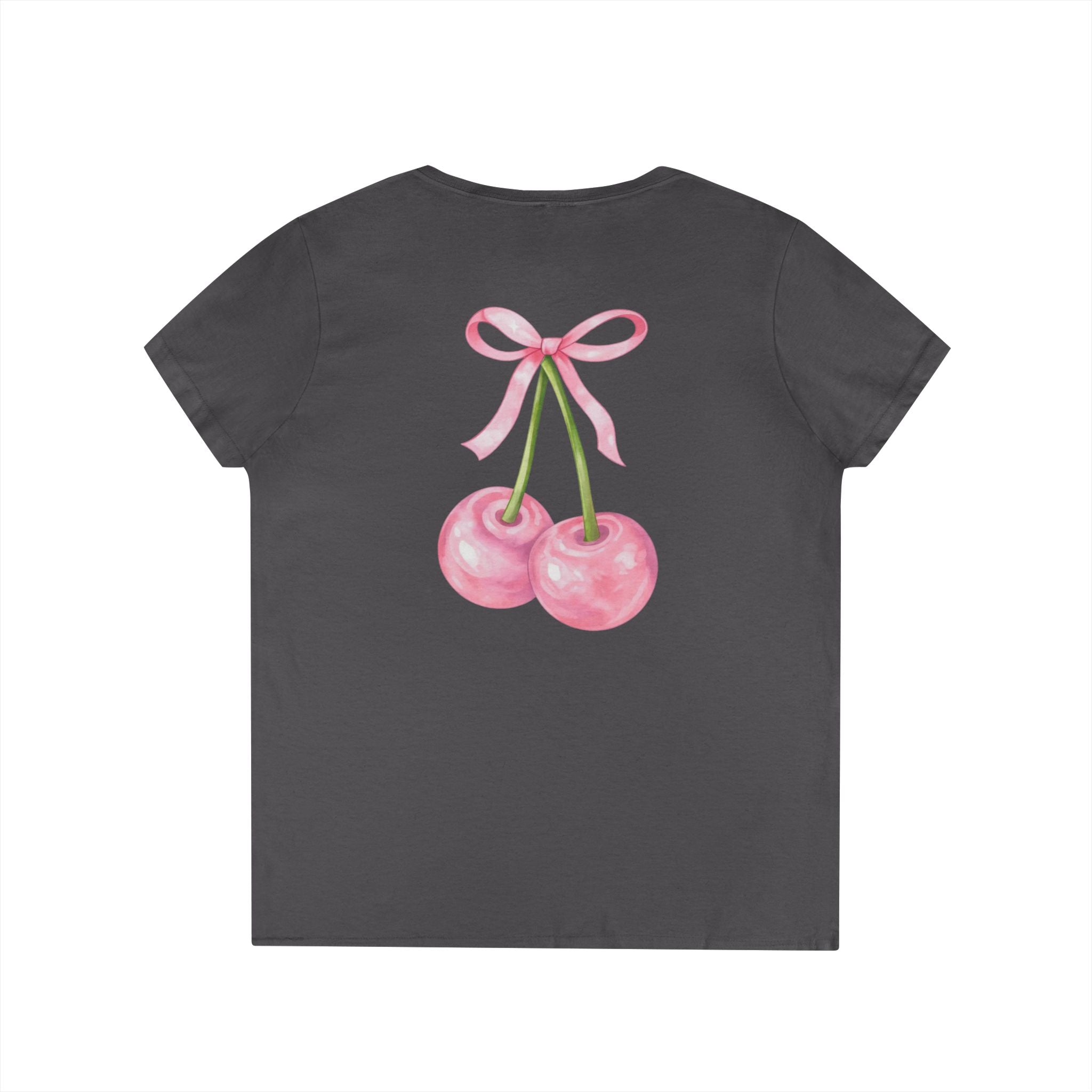 Cherry Bow V-Neck Tee - Graphic Ladies' T-Shirt